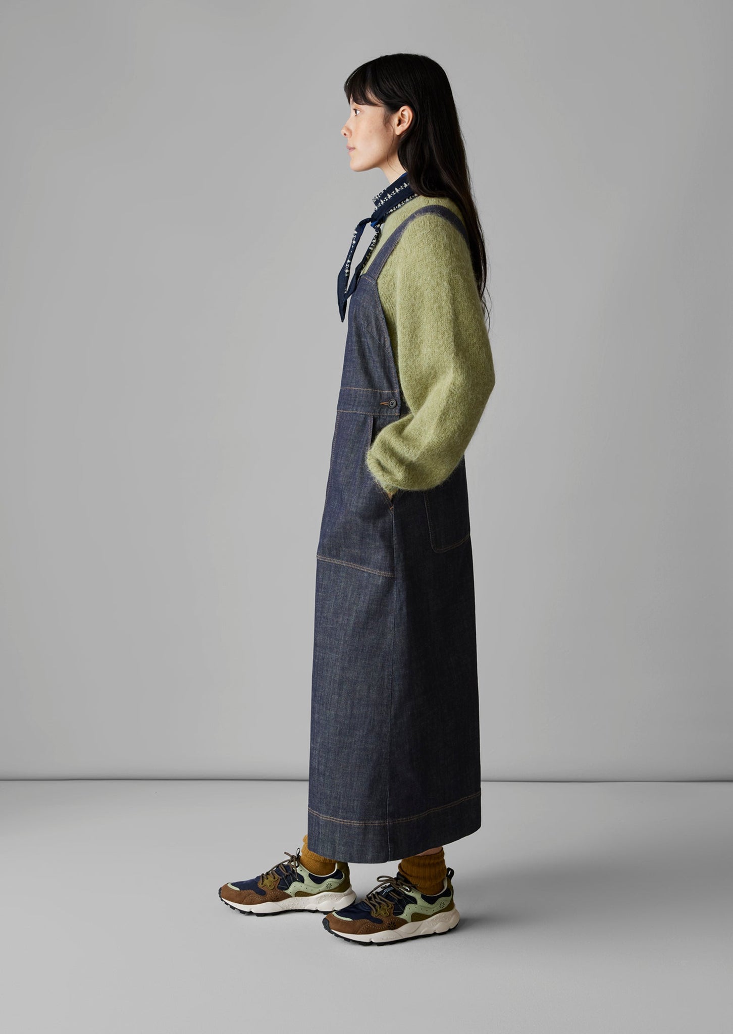 Side Button Denim Pinafore Dress | Indigo