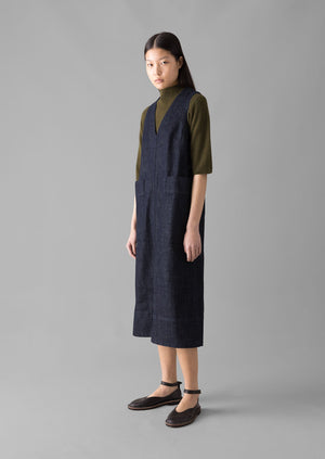 V-Neck Denim Pinafore Dress | Indigo