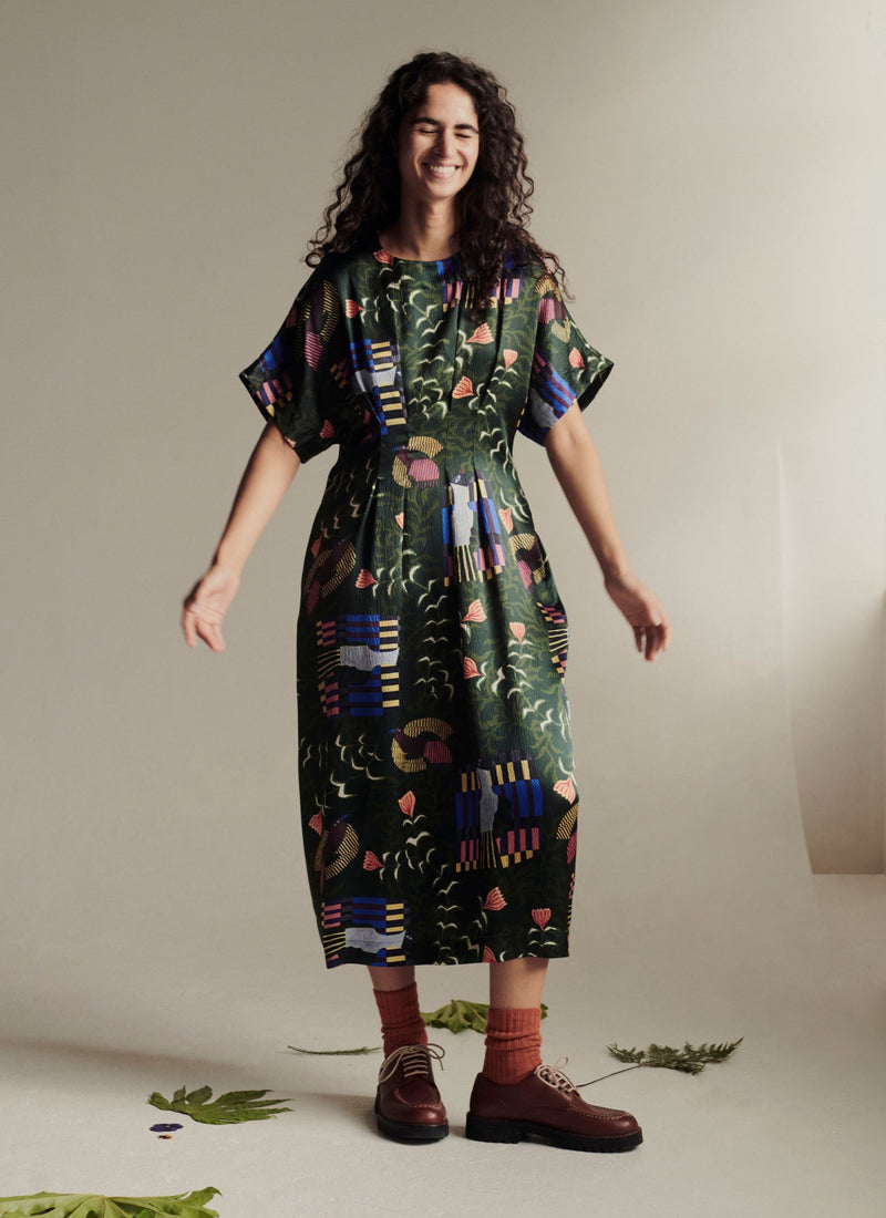Isobel Harvey Birds Print Dress | Oil Green