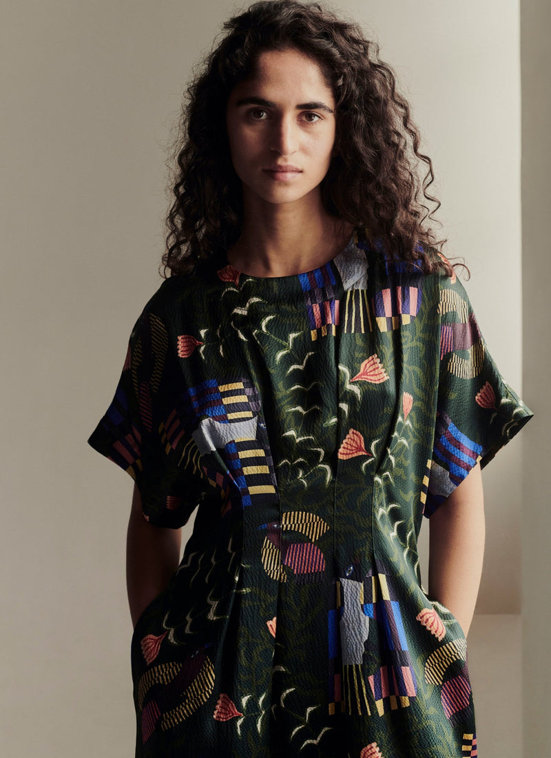Isobel Harvey Birds Print Dress | Oil Green
