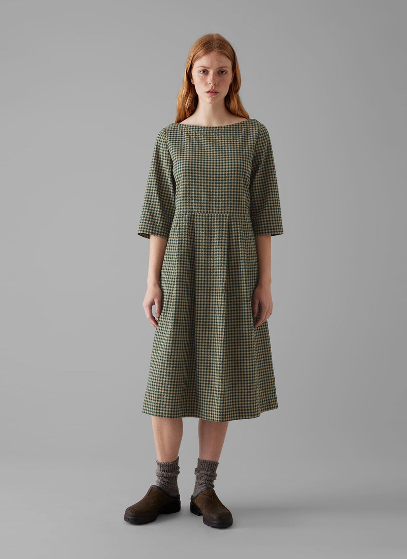 Franca Cotton Gingham Seersucker Dress | Olive Green