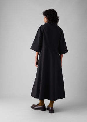 Cotton Linen Twill Smock Dress | Black