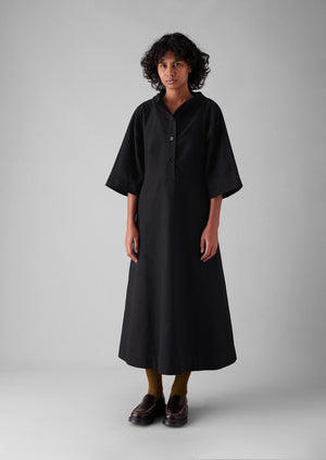 Cotton Linen Twill Smock Dress | Black