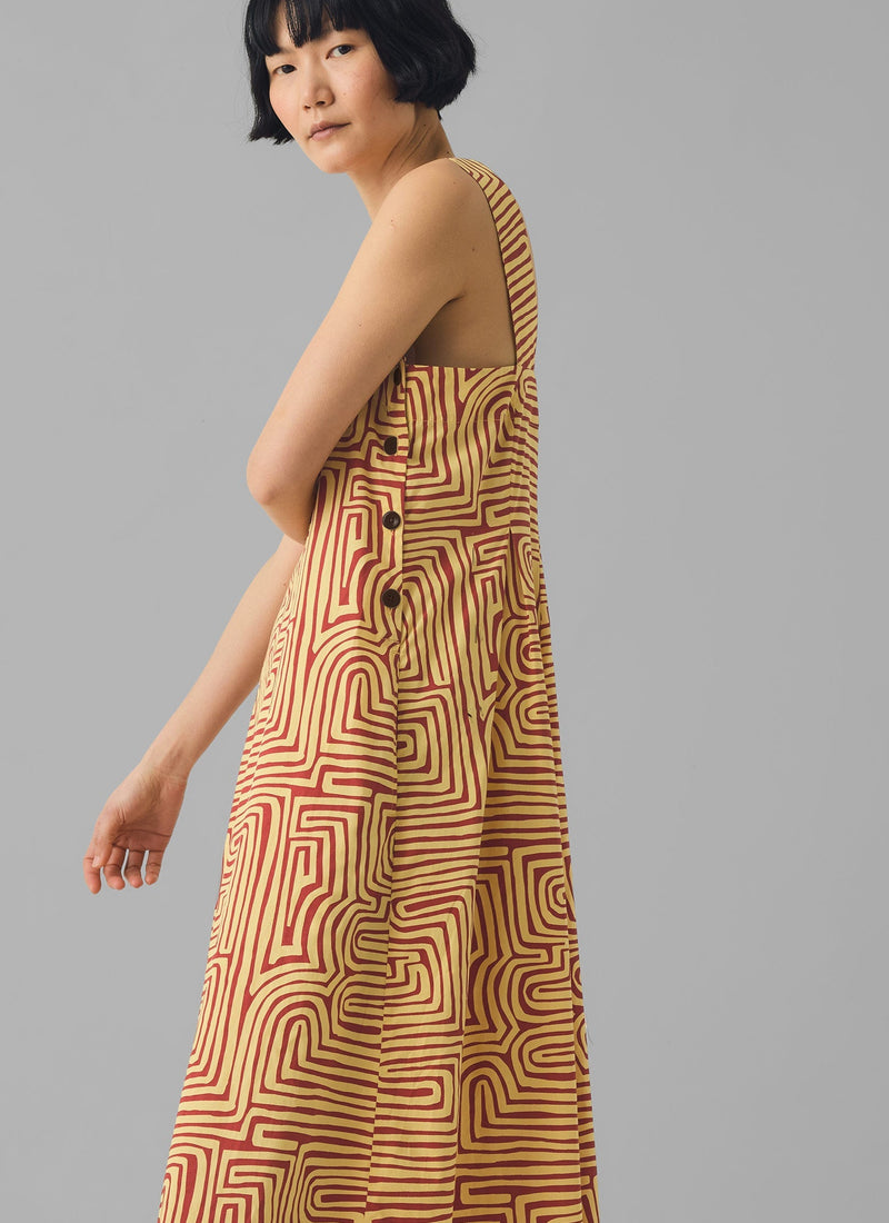 Maze Print Cotton Poplin Dress | Brick/Lemon Rind