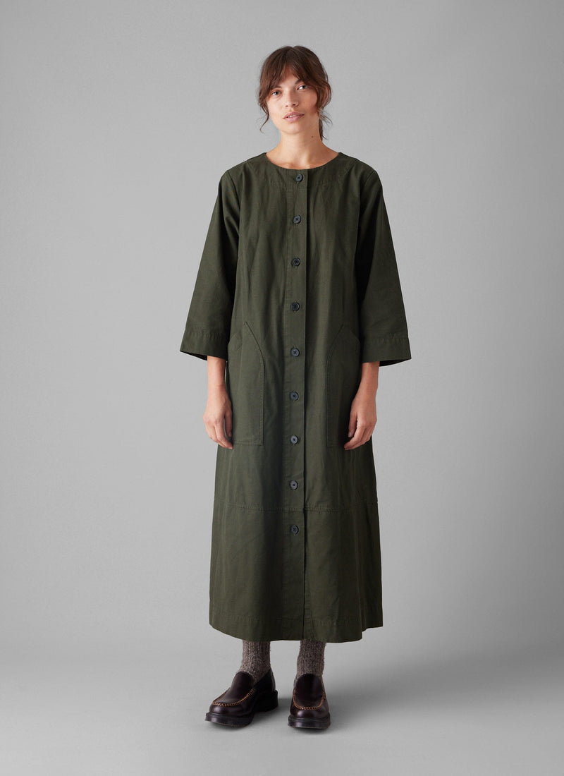 Buttoned Cotton Dress | Duffle Green