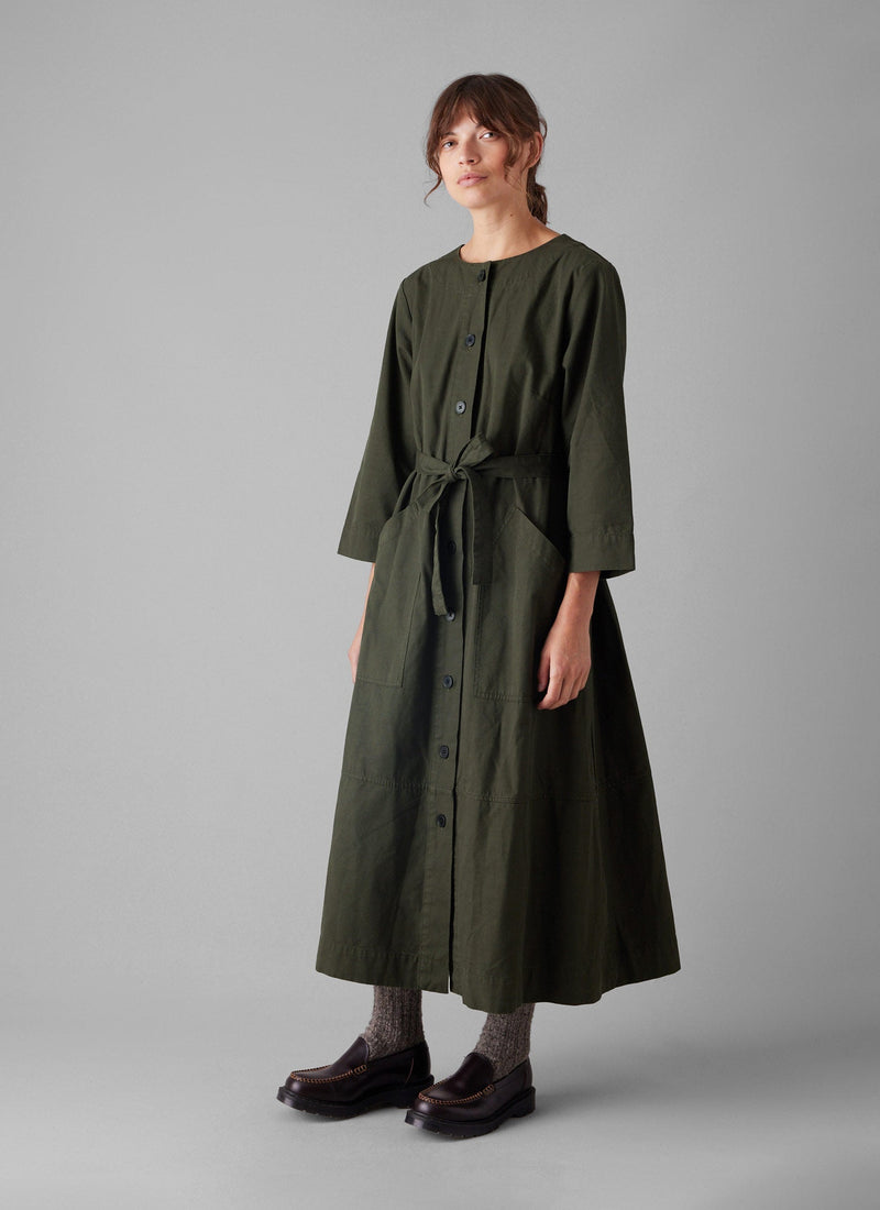Buttoned Cotton Dress | Duffle Green