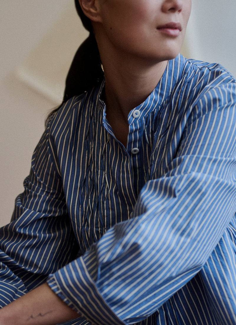 Dash Stripe Pintuck Cotton Dress | Chambray Blue