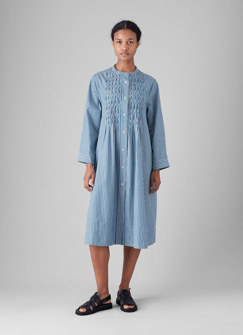 Dash Stripe Pintuck Cotton Dress | Chambray Blue