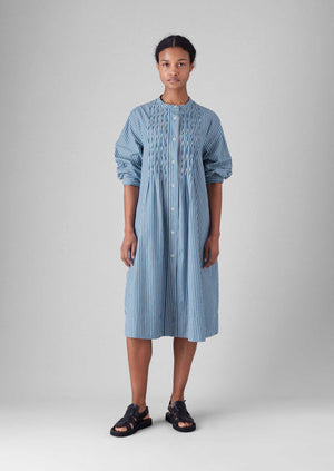 Dash Stripe Pintuck Cotton Dress | Chambray Blue