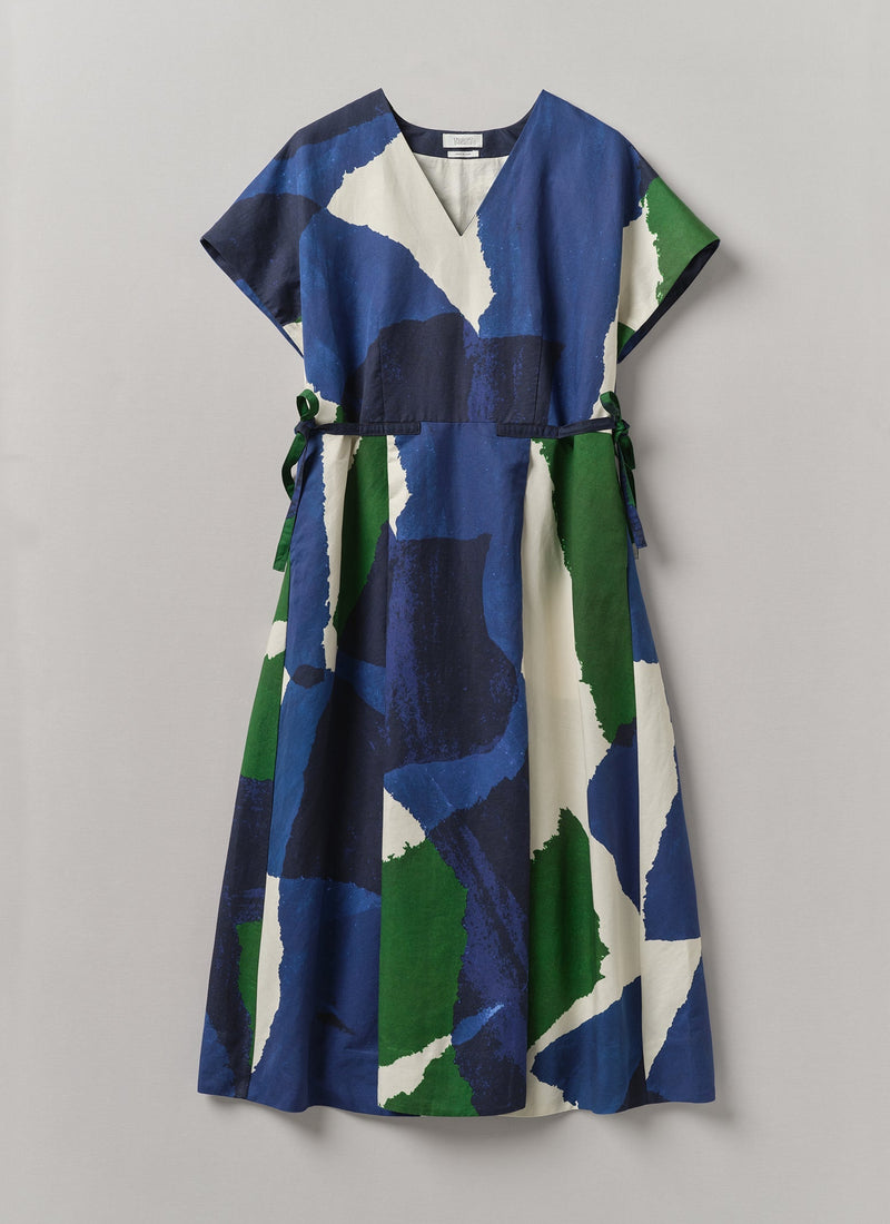 Washi Print Linen Cotton Dress | Ecru/Blue/Green