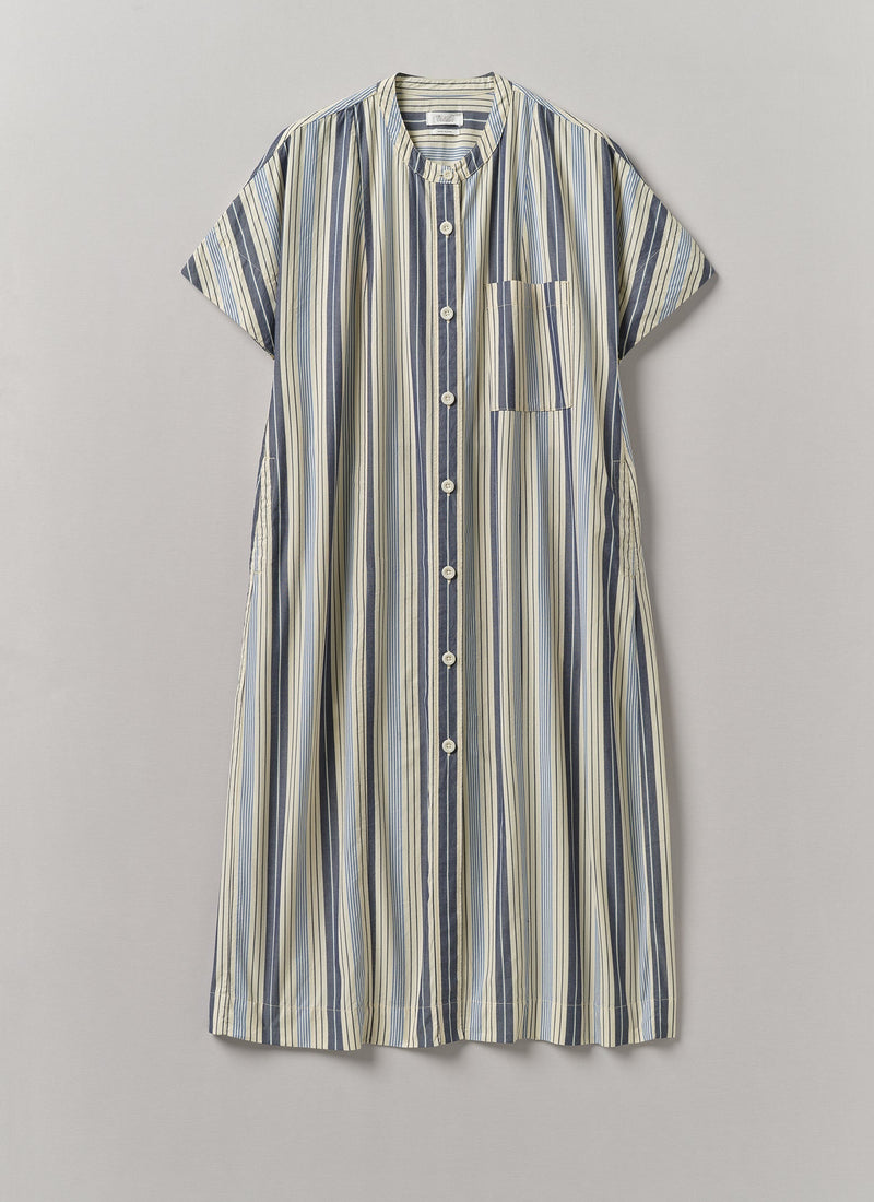 Drawstring Waist Stripe Cotton Shirt Dress | Ecru/Mixed Blues