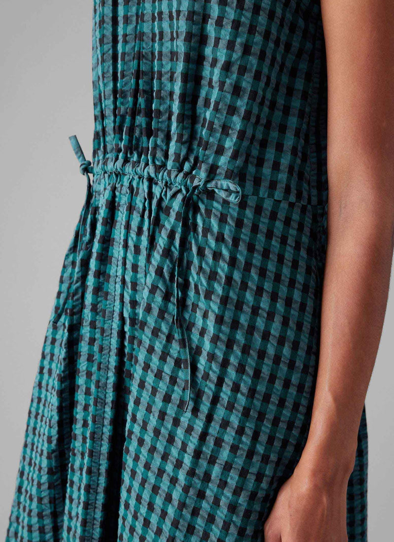 Seersucker Gingham Cotton Dress | Teal Multi