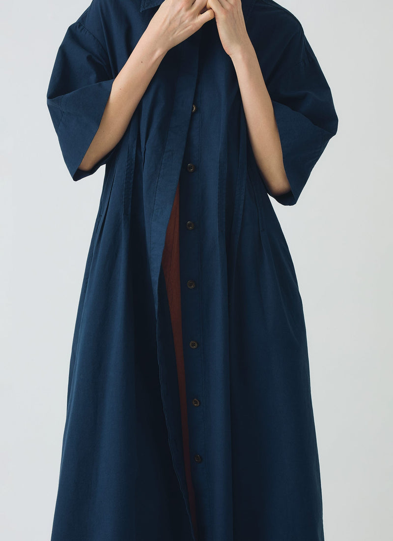 Pleated Cotton Linen Dress | Mid Blue