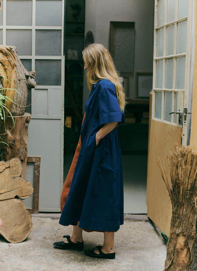 Pleated Cotton Linen Dress | Mid Blue