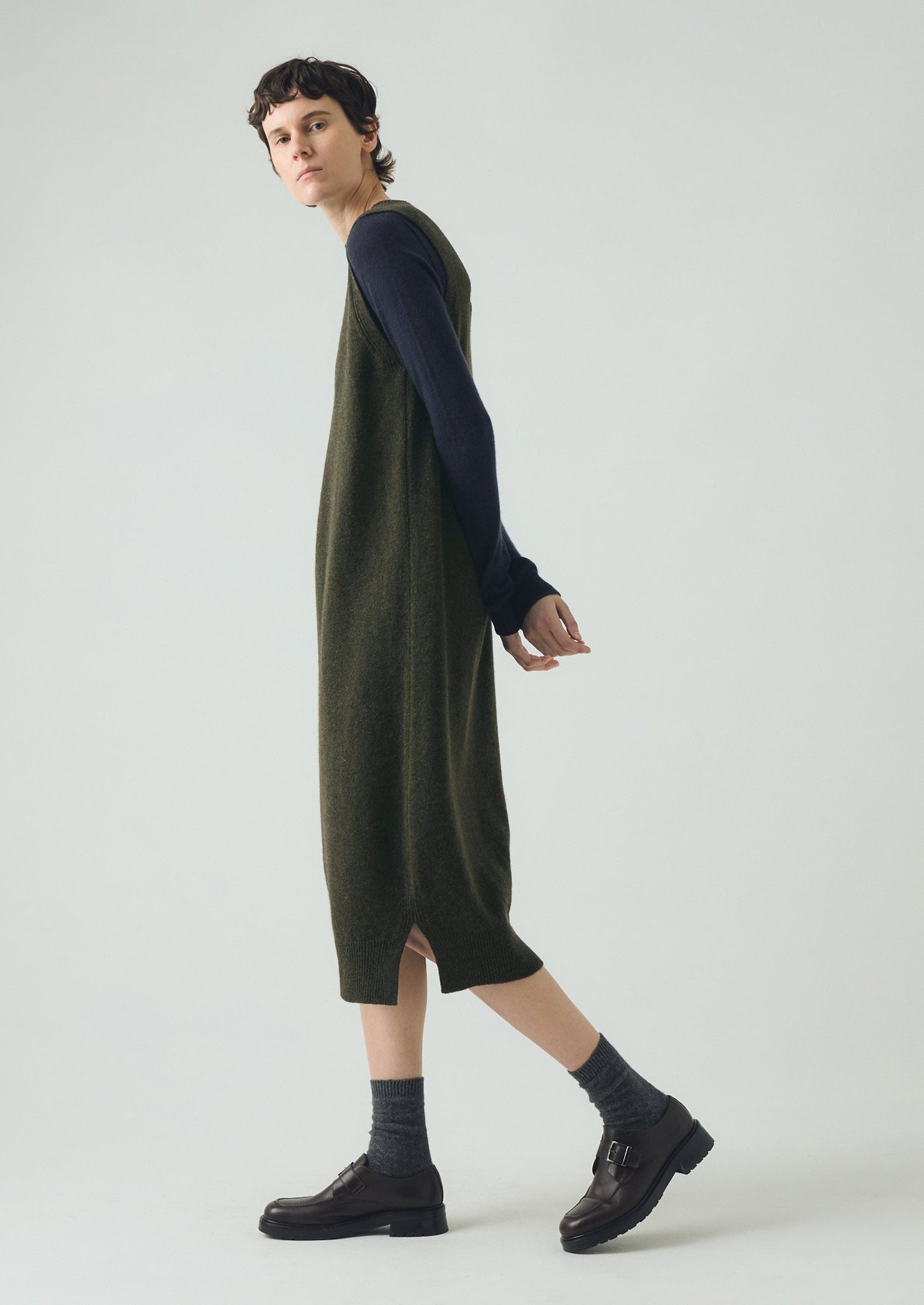 Wool Knitted V Neck Dress | Rich Olive