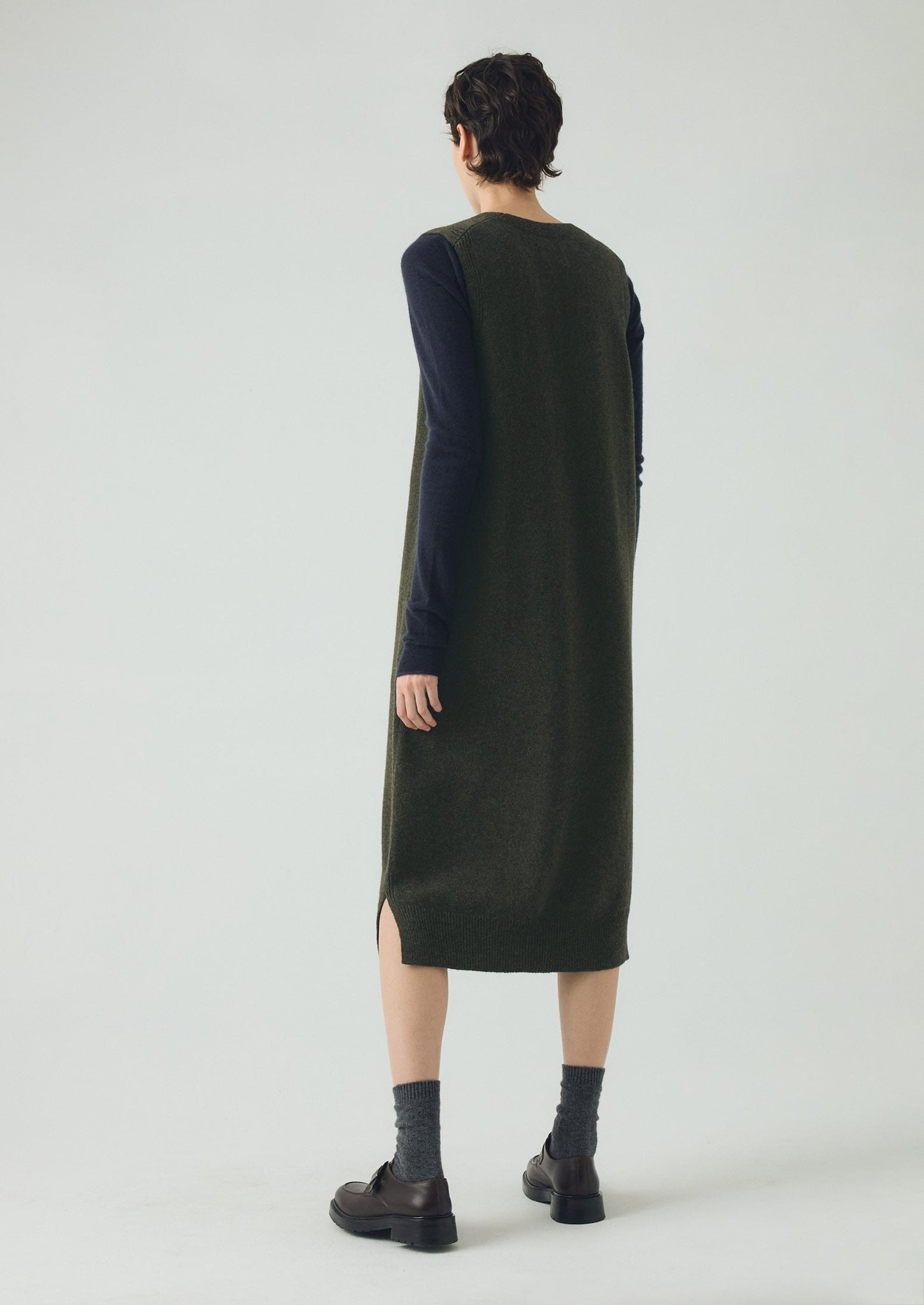 Wool Knitted V Neck Dress | Rich Olive