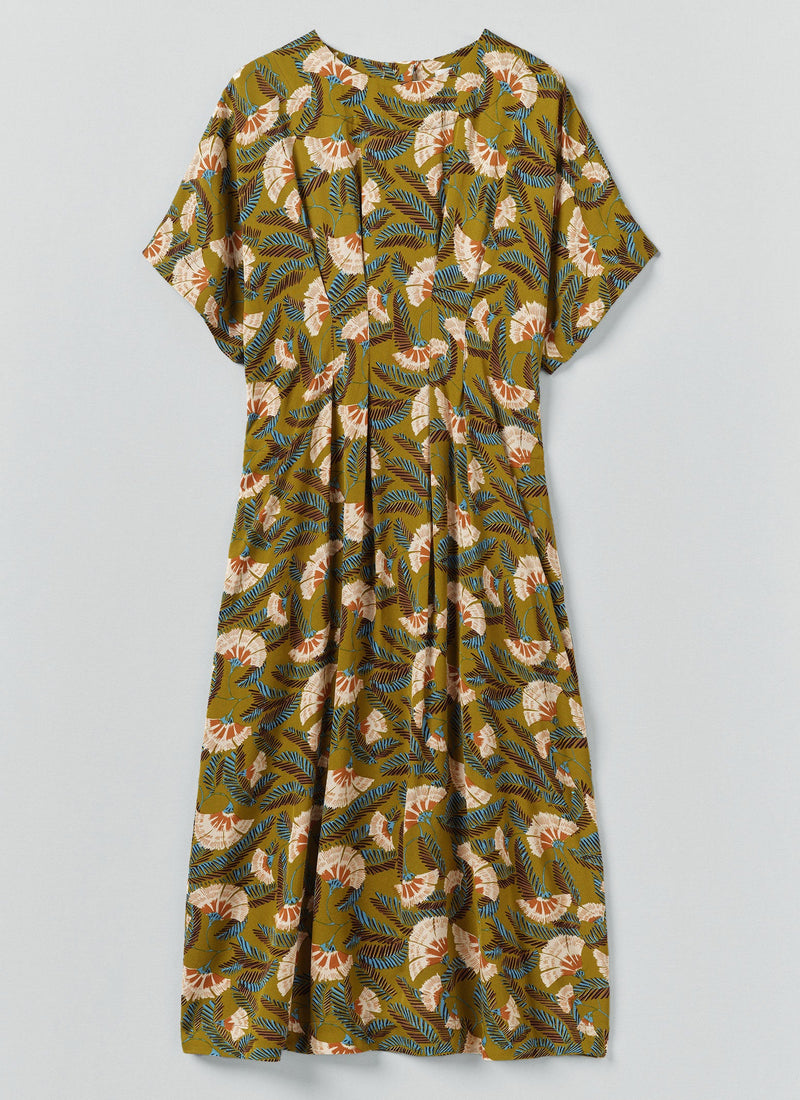 Dianthus Print Pleated Waist Dress | Golden Lime