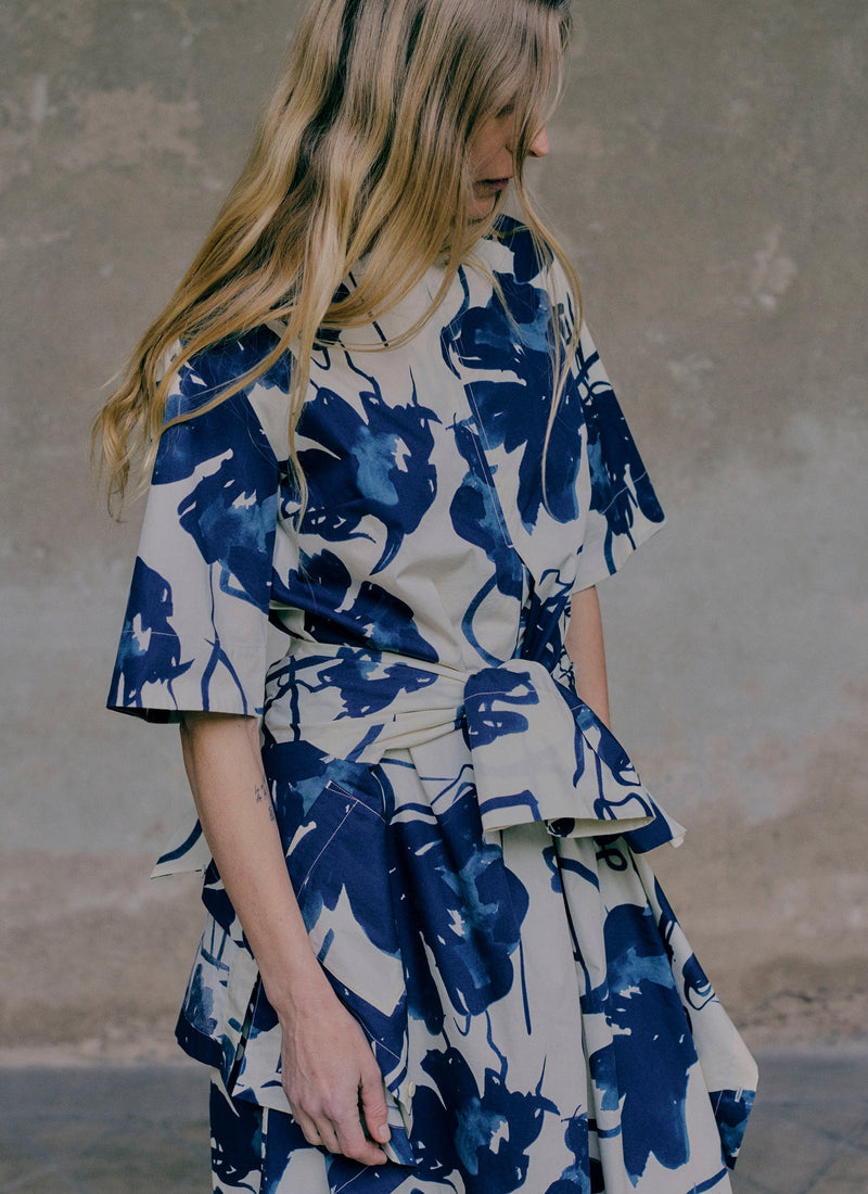 Pen And Ink Print Cotton Poplin Dress | Ink Blue