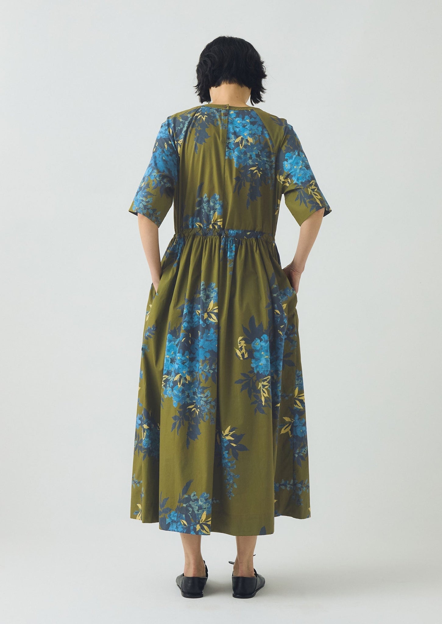 Botanical Shadow Print Cotton Dress | Olive
