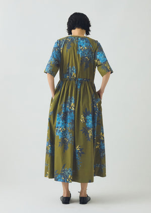 Botanical Shadow Print Cotton Dress | Olive