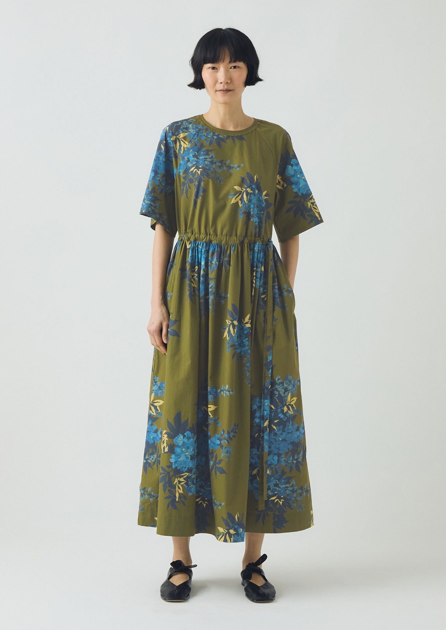 Botanical Shadow Print Cotton Dress | Olive