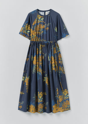 Botanical Shadow Print Cotton Dress | Shadow Blue