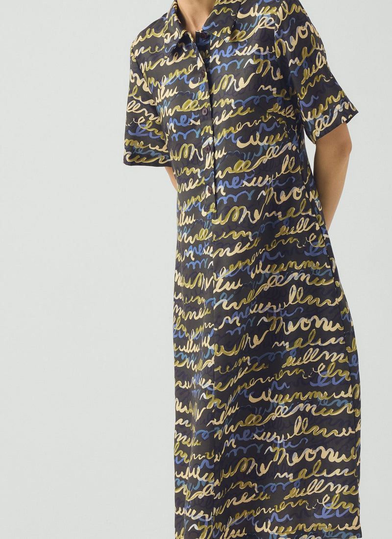 Script Print Fluid Shirt Dress | Avocado Rind