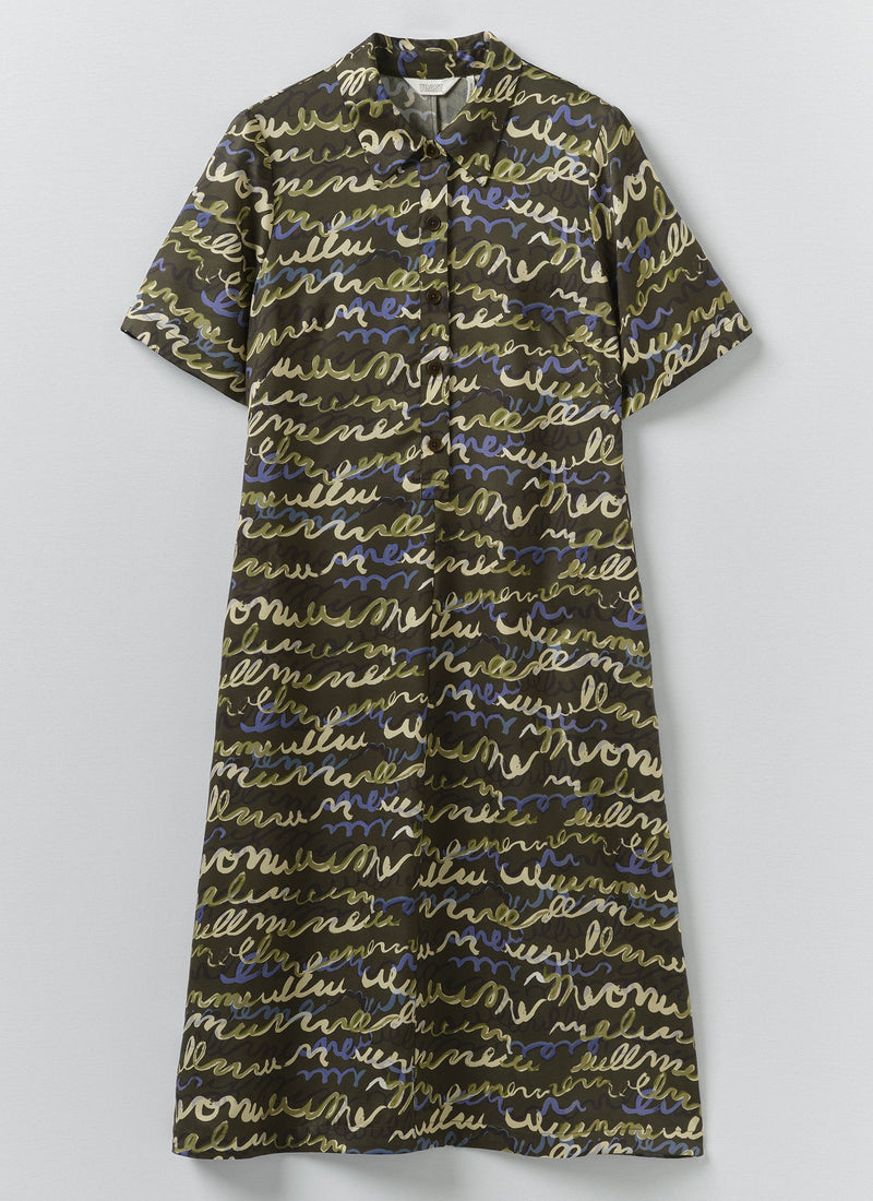 Script Print Fluid Shirt Dress | Avocado Rind