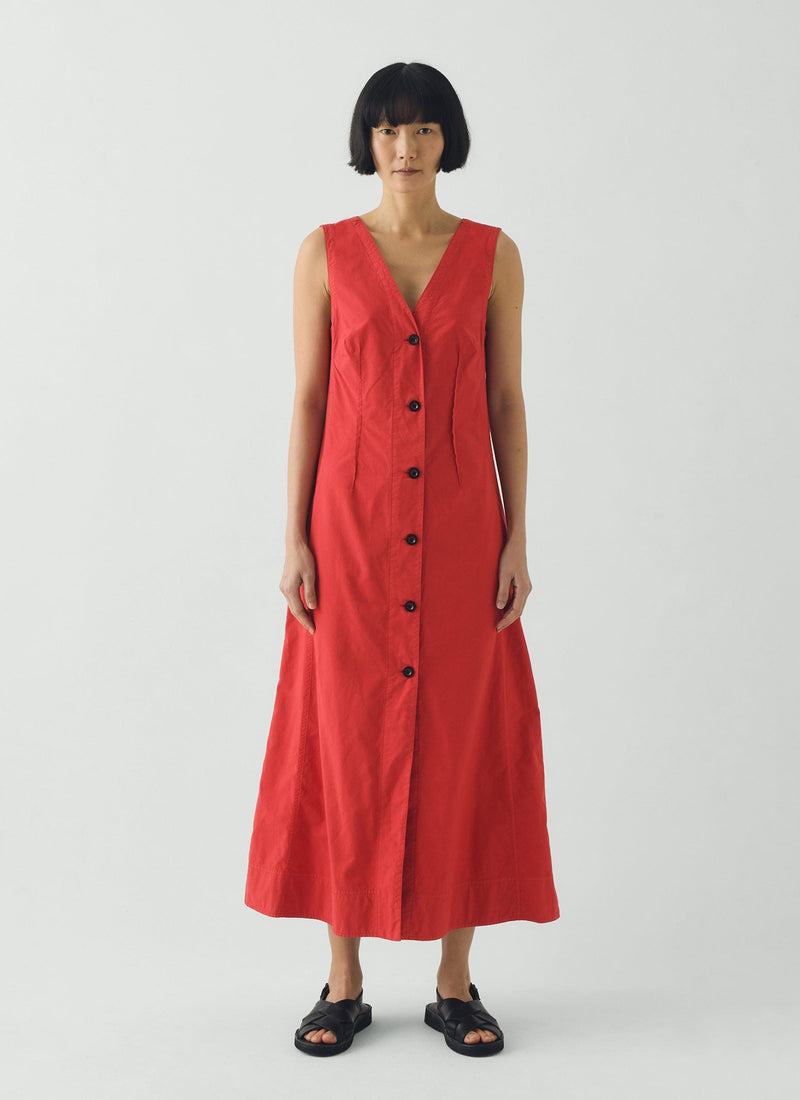 V Neck Cotton Linen Poplin Dress | Goji Berry