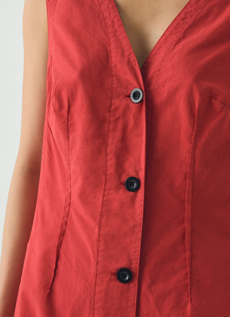 V Neck Cotton Linen Poplin Dress | Goji Berry