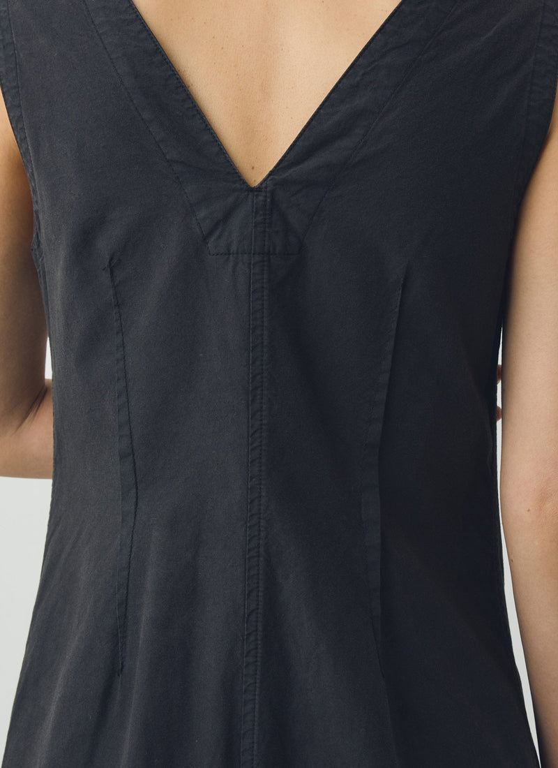 V Neck Cotton Linen Poplin Dress | Washed Black