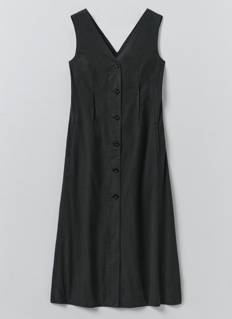 V Neck Cotton Linen Poplin Dress | Washed Black