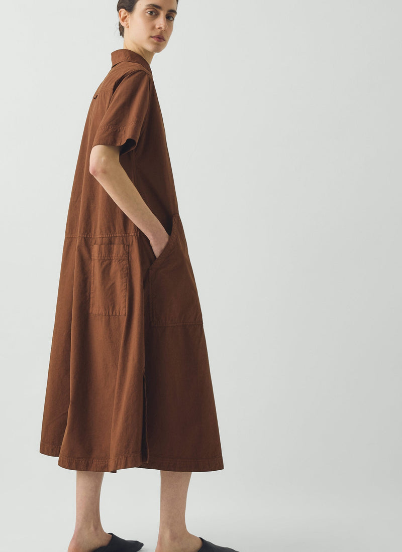 Cotton Linen Poplin Shirt Dress | Brown Ochre