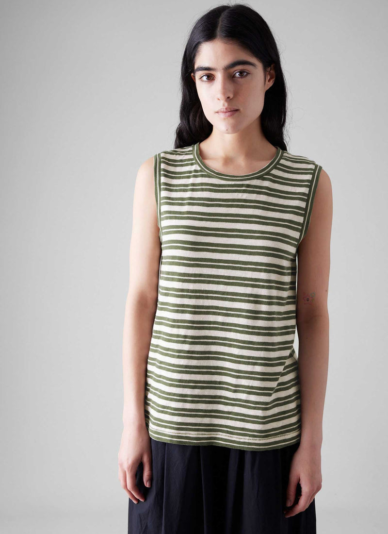 Stripe Sleeveless Tee | Dark Olive/Ecru