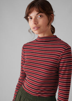 Aster Stripe High Neck Tee | Ecru/Tannat Red