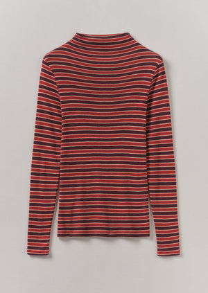 Aster Stripe High Neck Tee | Ecru/Tannat Red