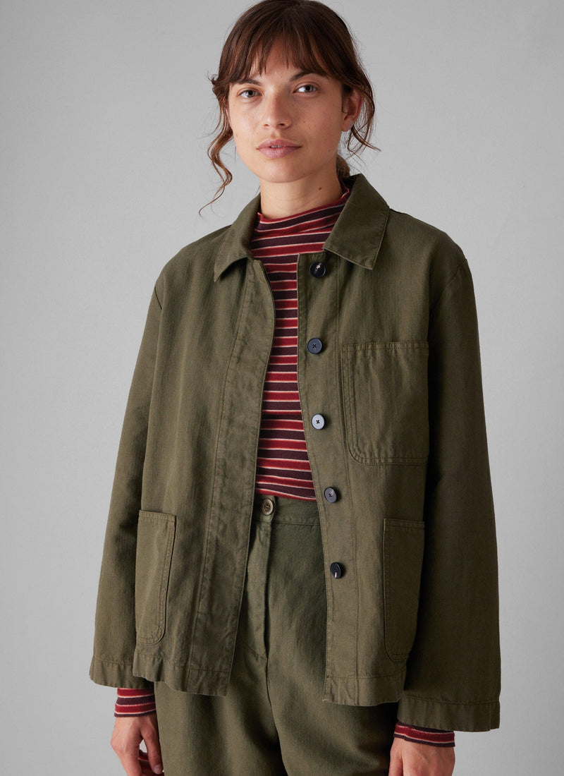 Cotton Linen Herringbone Jacket | Sap Green