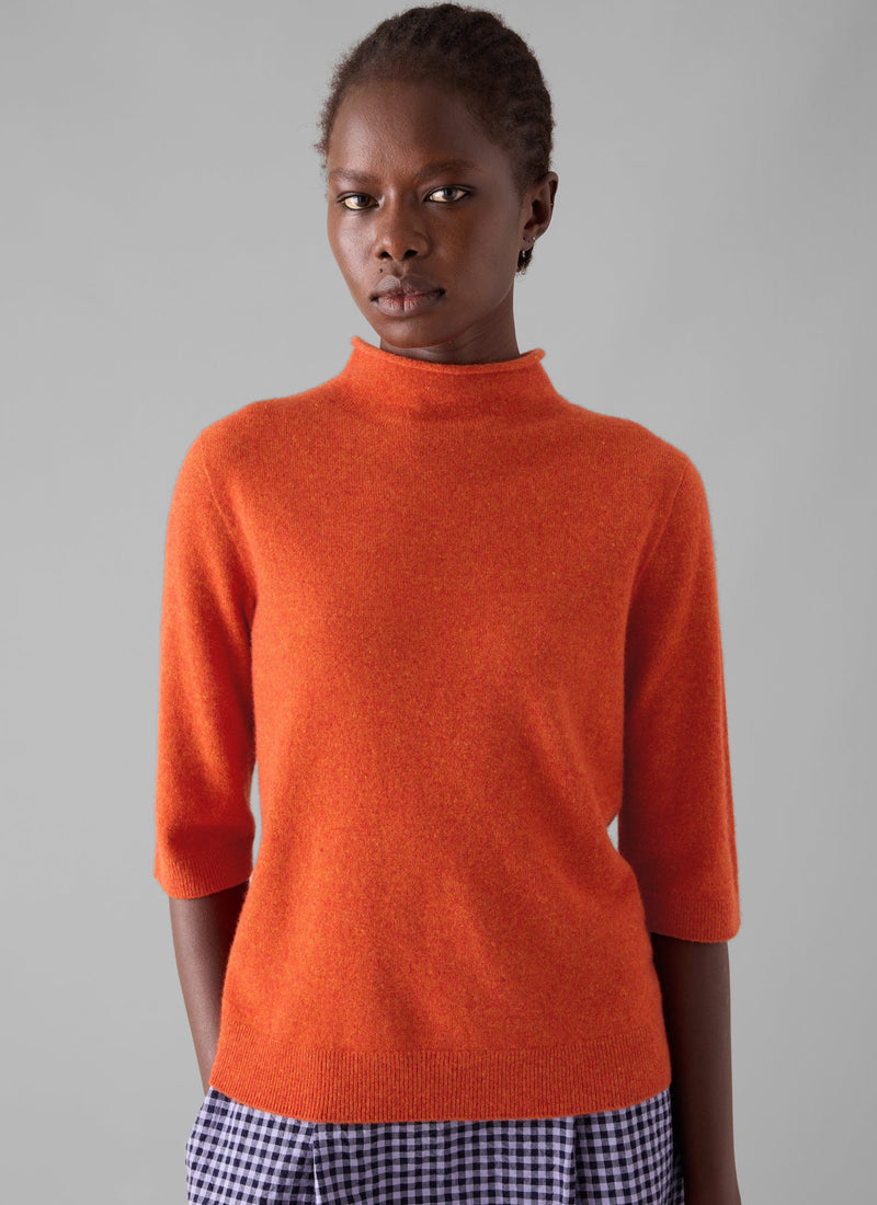 Fine Wool Cashmere Half Sleeve Sweater | Burnt Ember