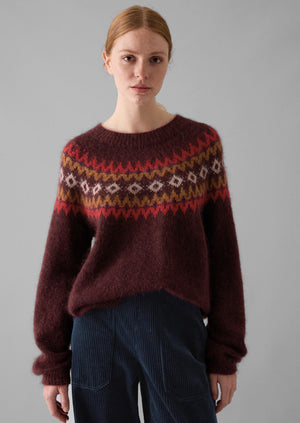 Fair Isle Yoke Mohair Blend Easy Sweater | Red Multi