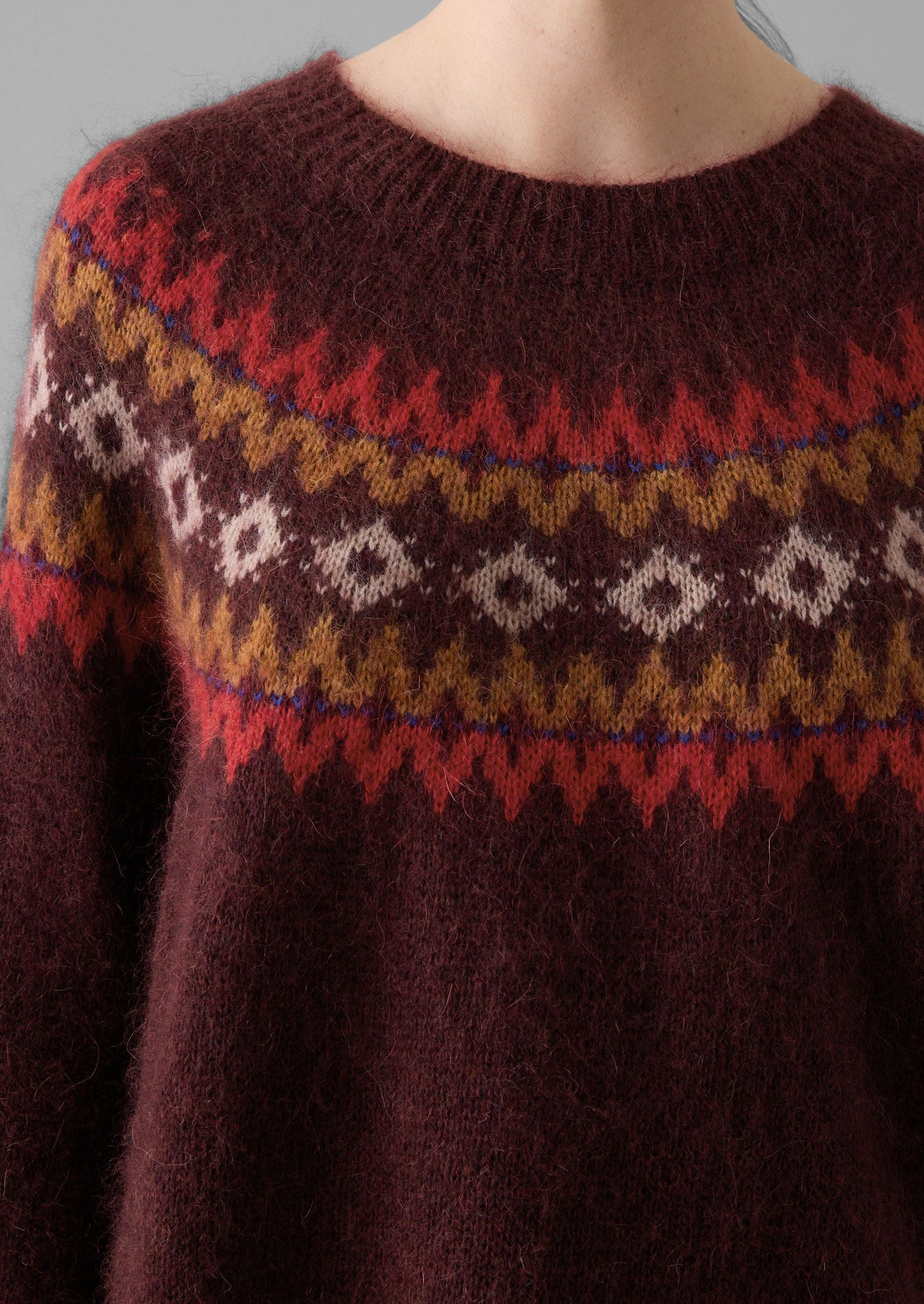 Fair Isle Yoke Mohair Blend Easy Sweater | Red Multi