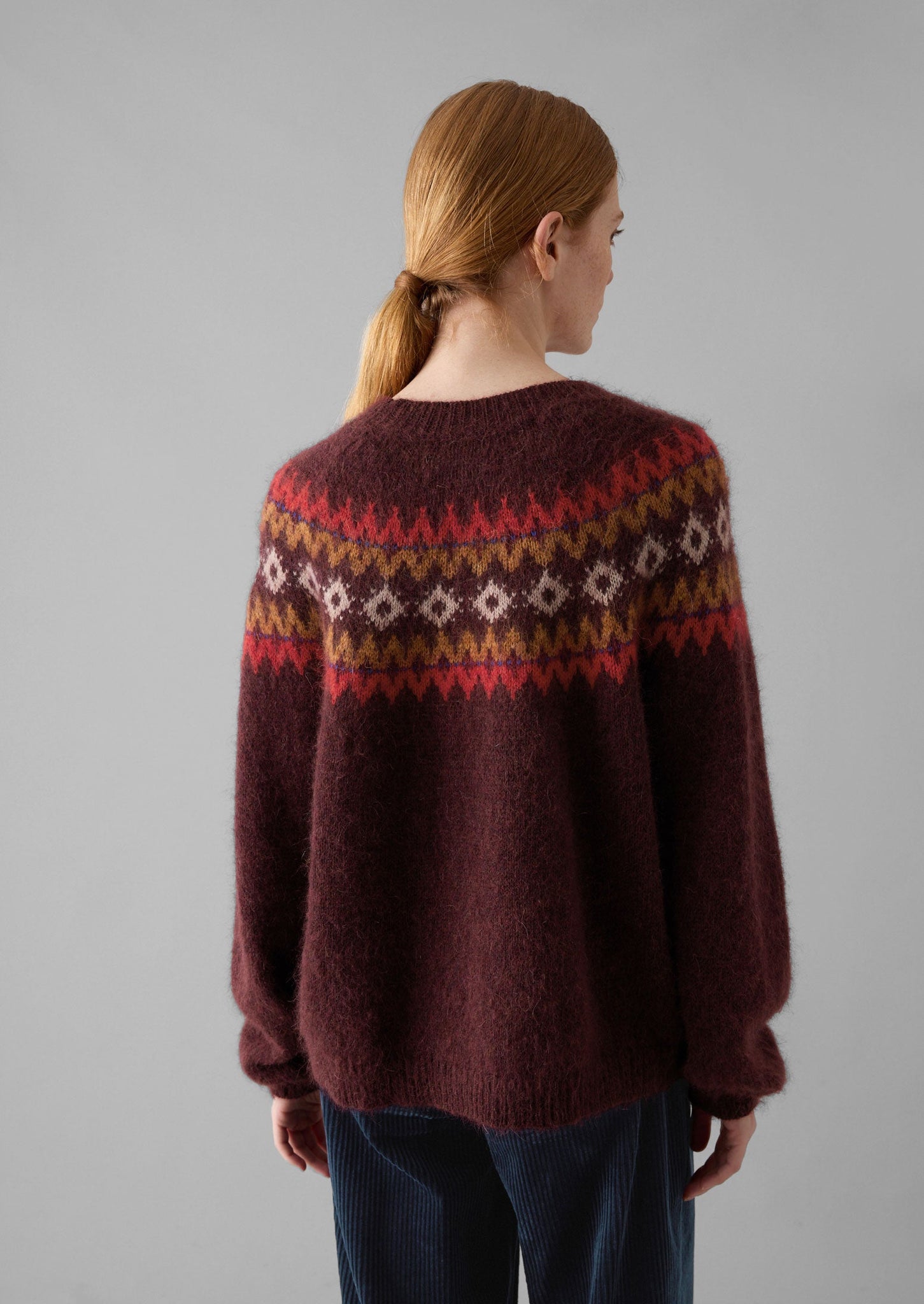 Fair Isle Yoke Mohair Blend Easy Sweater | Red Multi