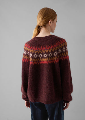 Fair Isle Yoke Mohair Blend Easy Sweater | Red Multi