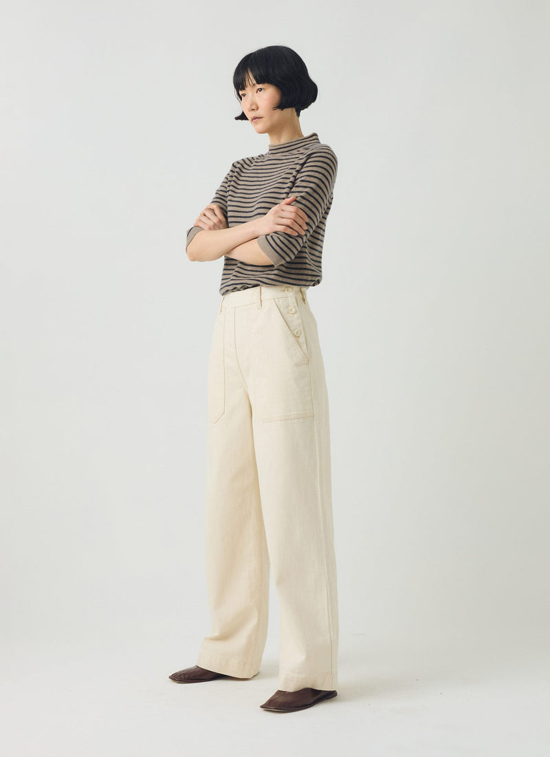 Stripe Wool Cashmere Half Sleeve Sweater | Biscuit/Anthracite