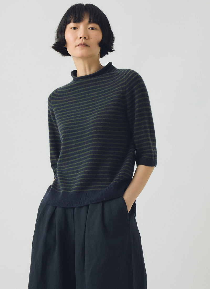 Stripe Wool Cashmere Half Sleeve Sweater | Dark Navy/Olive
