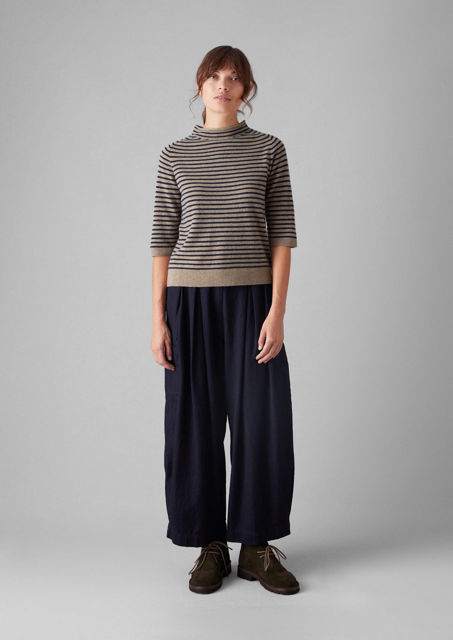 Stripe Wool Cashmere Half Sleeve Sweater | Biscuit/Anthracite