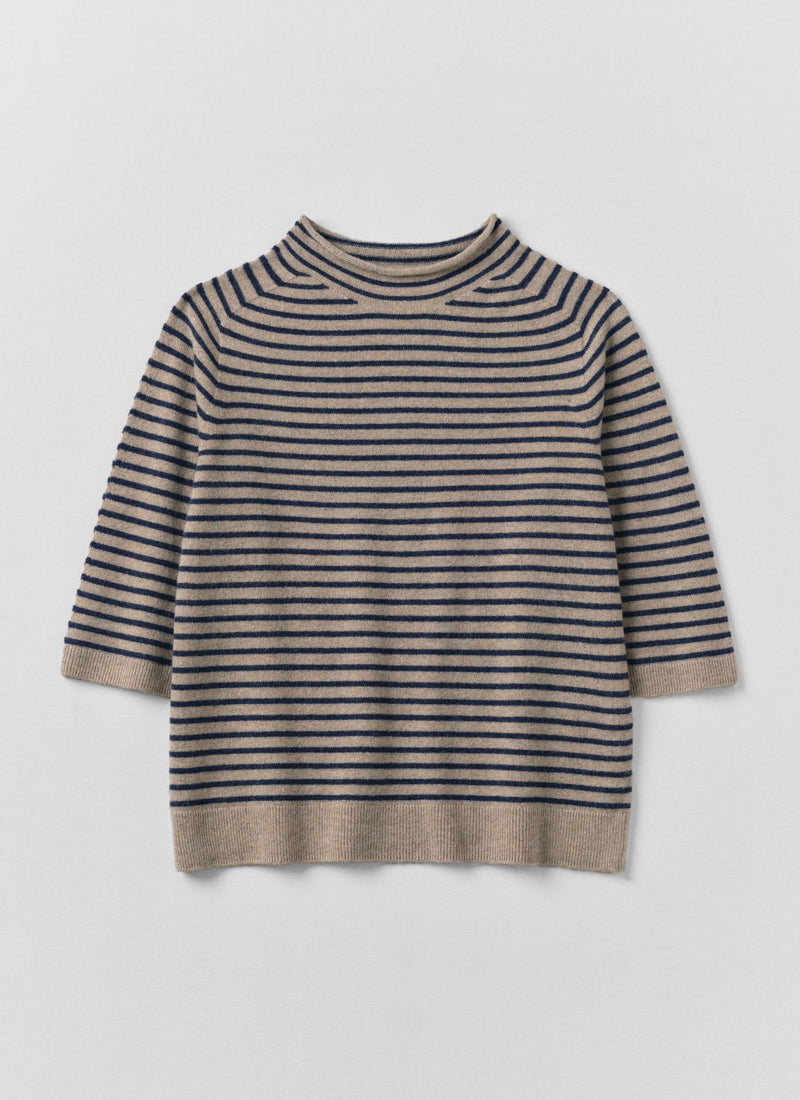Stripe Wool Cashmere Half Sleeve Sweater | Biscuit/Anthracite