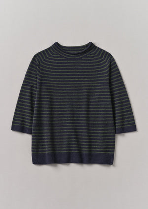 Stripe Wool Cashmere Half Sleeve Sweater | Dark Navy/Olive