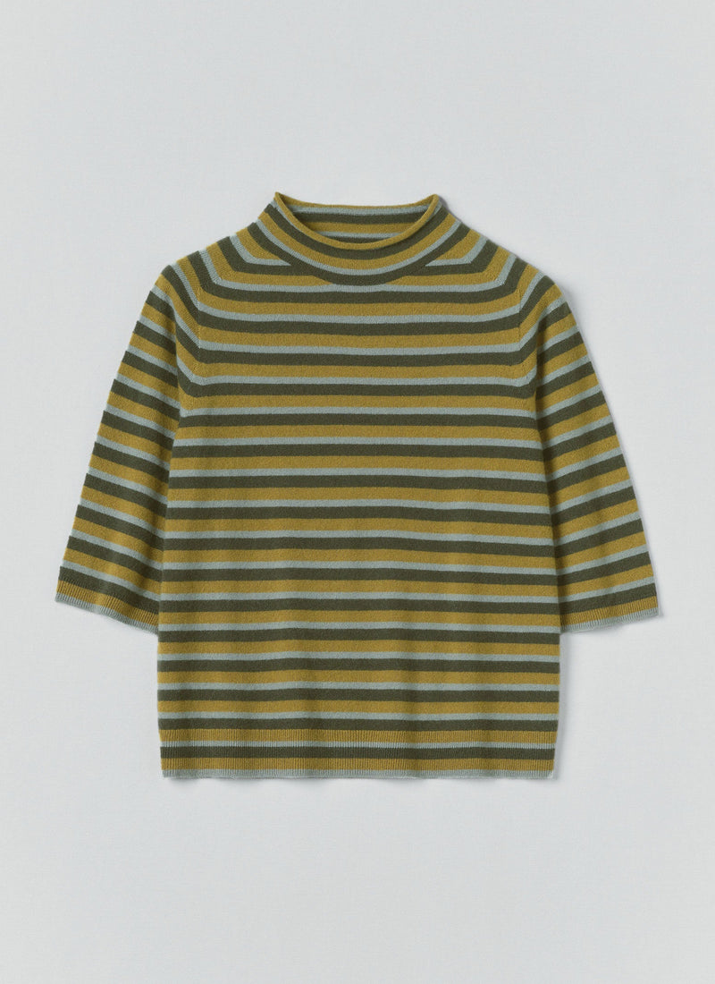 Stripe Wool Cashmere Half Sleeve Sweater | Green Multi