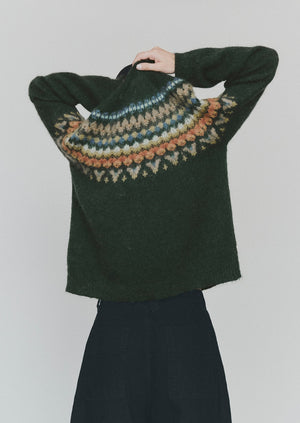 Brushed Mohair Wool Patterned Yoke Sweater | Peacock Multi