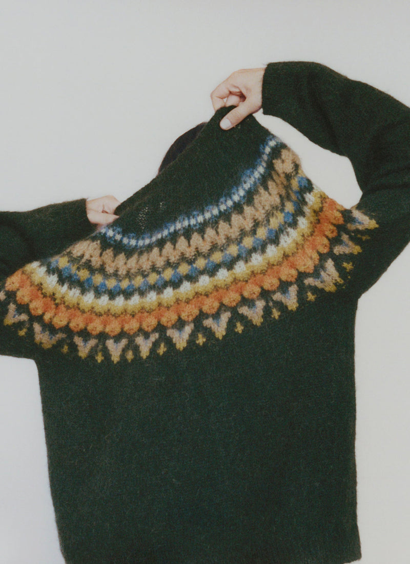 Brushed Mohair Wool Patterned Yoke Sweater | Peacock Multi